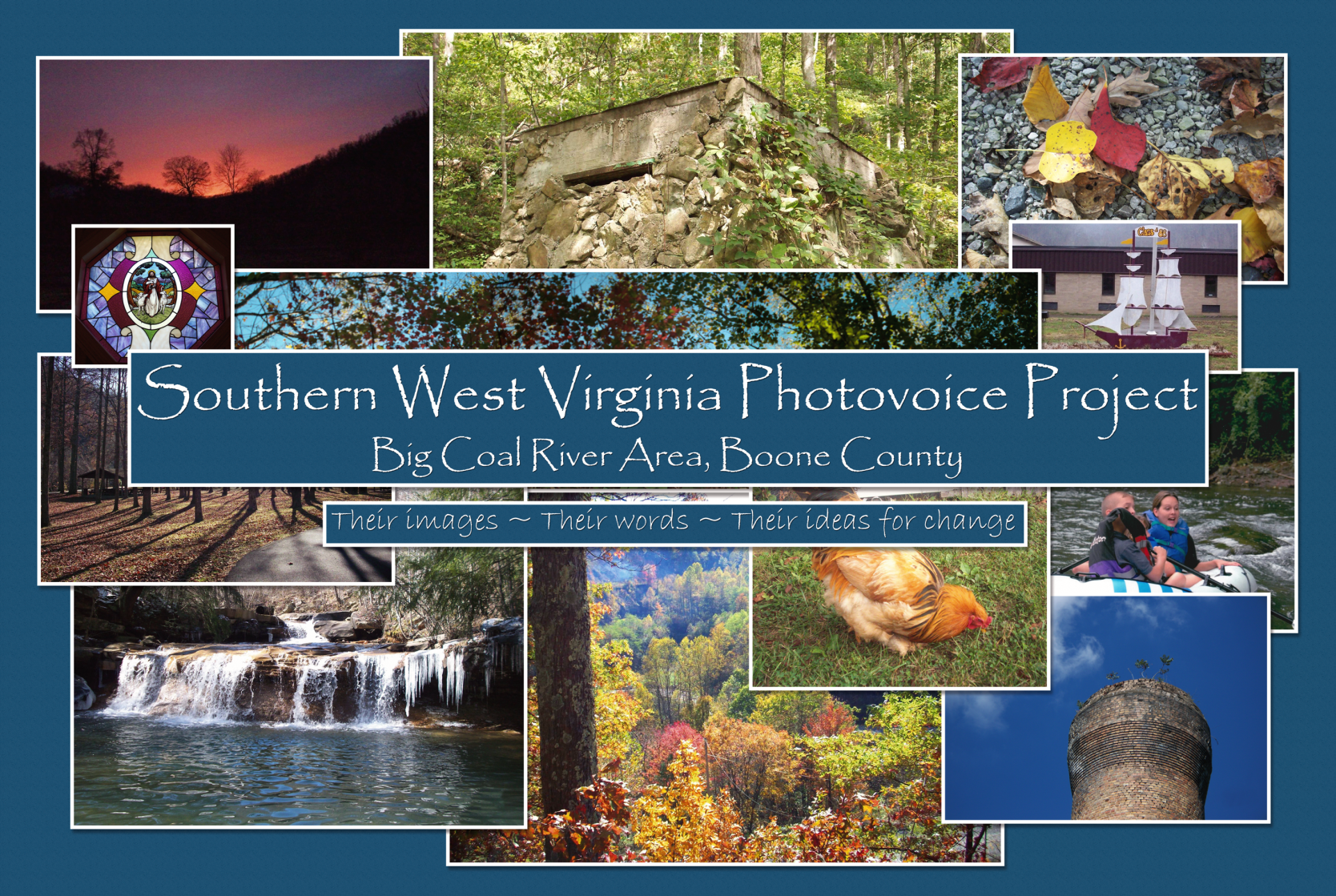 Collage of Southern West Virginia Photovoice photographs depicting mountain landscapes, waterways, wildlife, and community life.