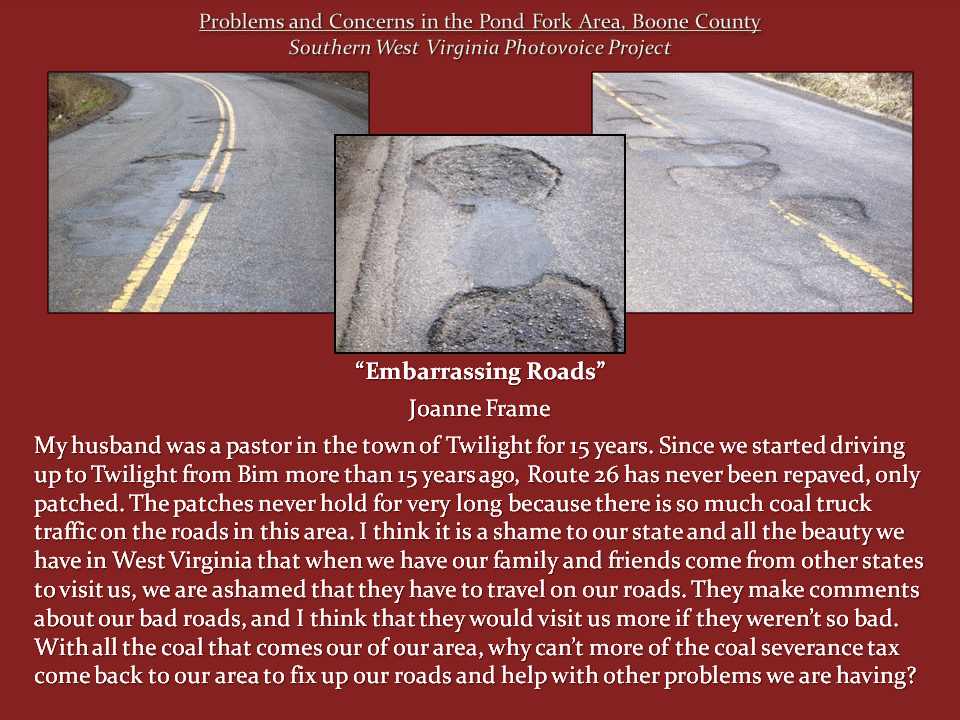Three photographs show numerous potholes, crumbling asphalt, and failed road patches along Route 26.