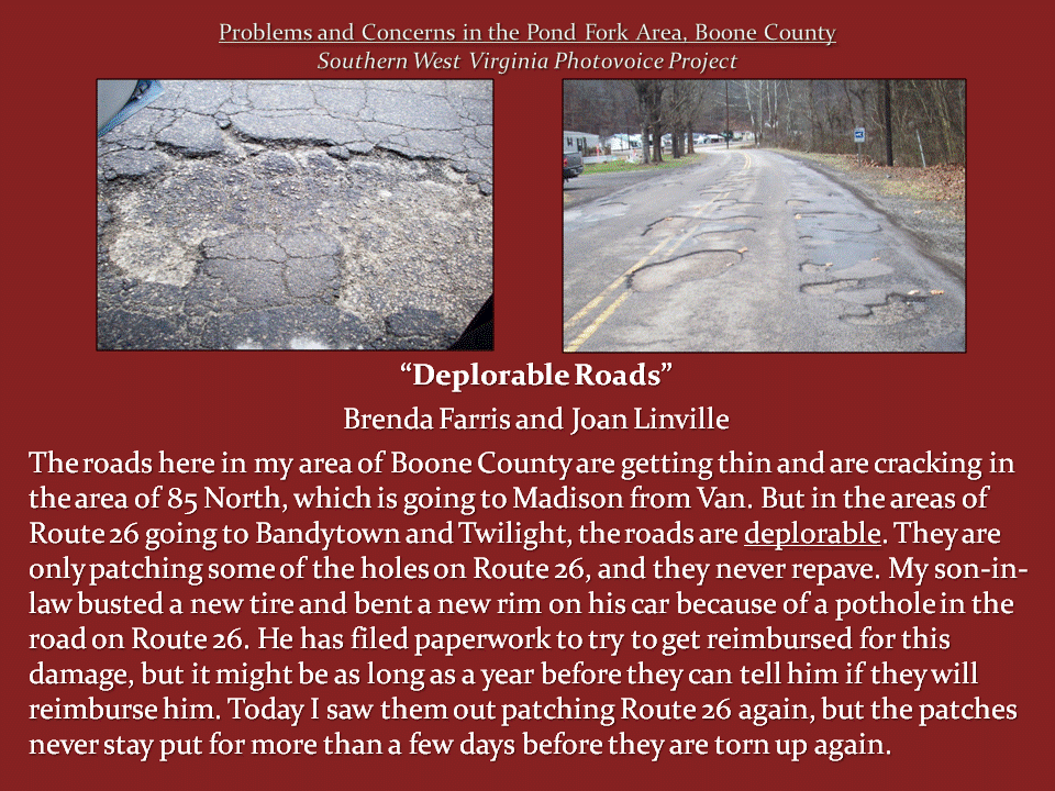 Two photographs show severely cracked pavement, potholes, and deteriorating patches along roads in Boone County.
