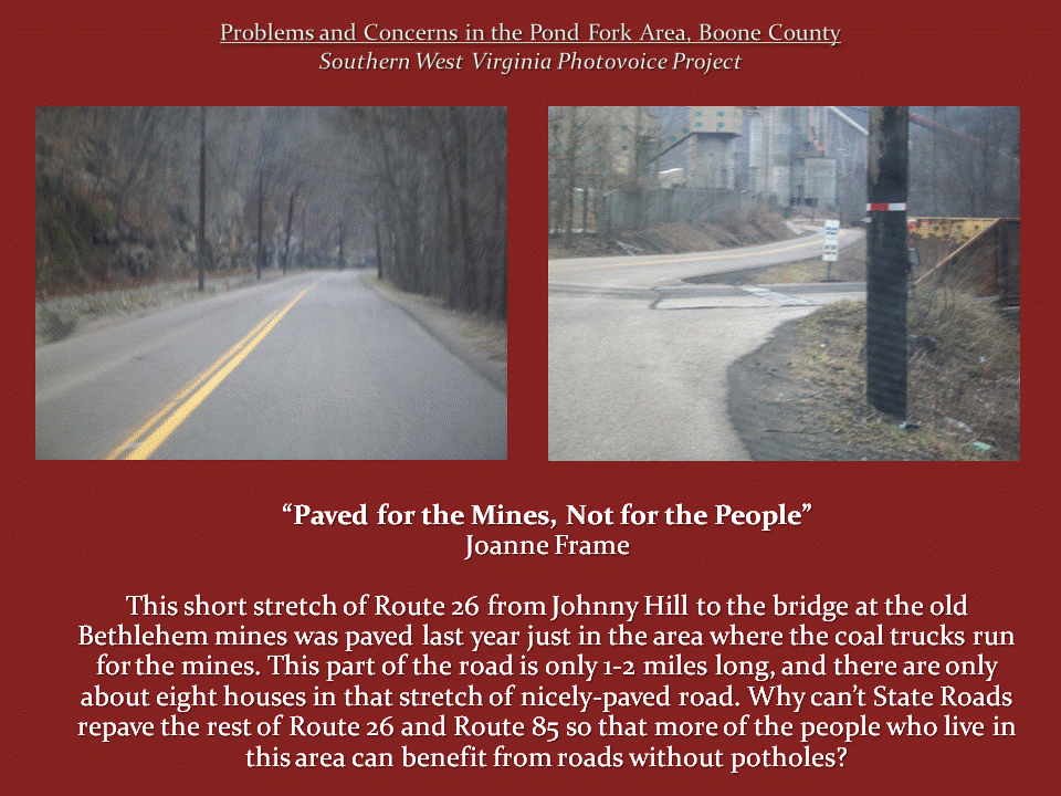 Two photos show a smoothly paved stretch of Route 26 and a nearby road junction beside the Bethlehem coal mine.