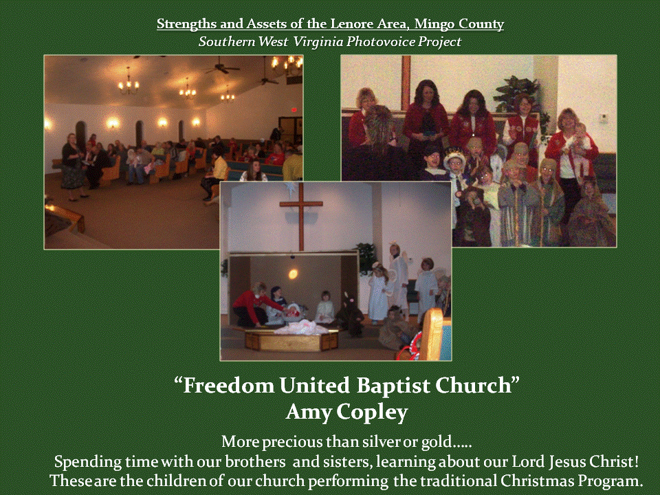Three photographs show members of Freedom United Baptist Church gathered for a traditional Christmas program. The left image shows families and congregation members seated inside the church, the upper-right image shows children and adults dressed in festive costumes, and the lower image shows children performing near the altar beneath a wooden cross. Together, the photographs illustrate the church's role in bringing families together through faith, celebration, and community traditions.