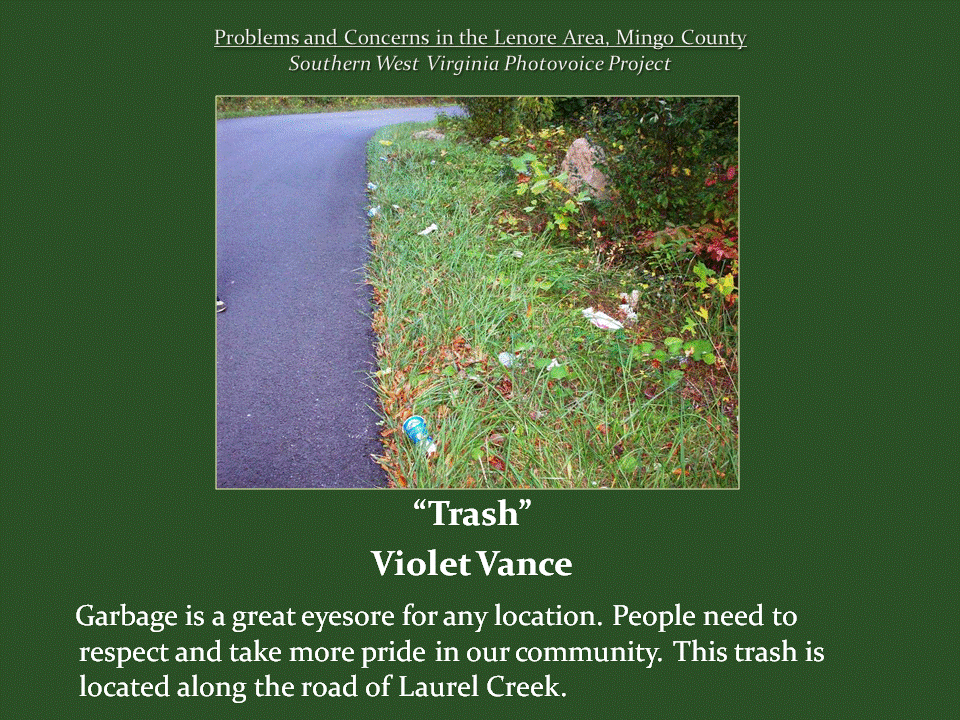 Discarded cups, paper, and other litter scattered along the grassy shoulder of a paved road near Laurel Creek.