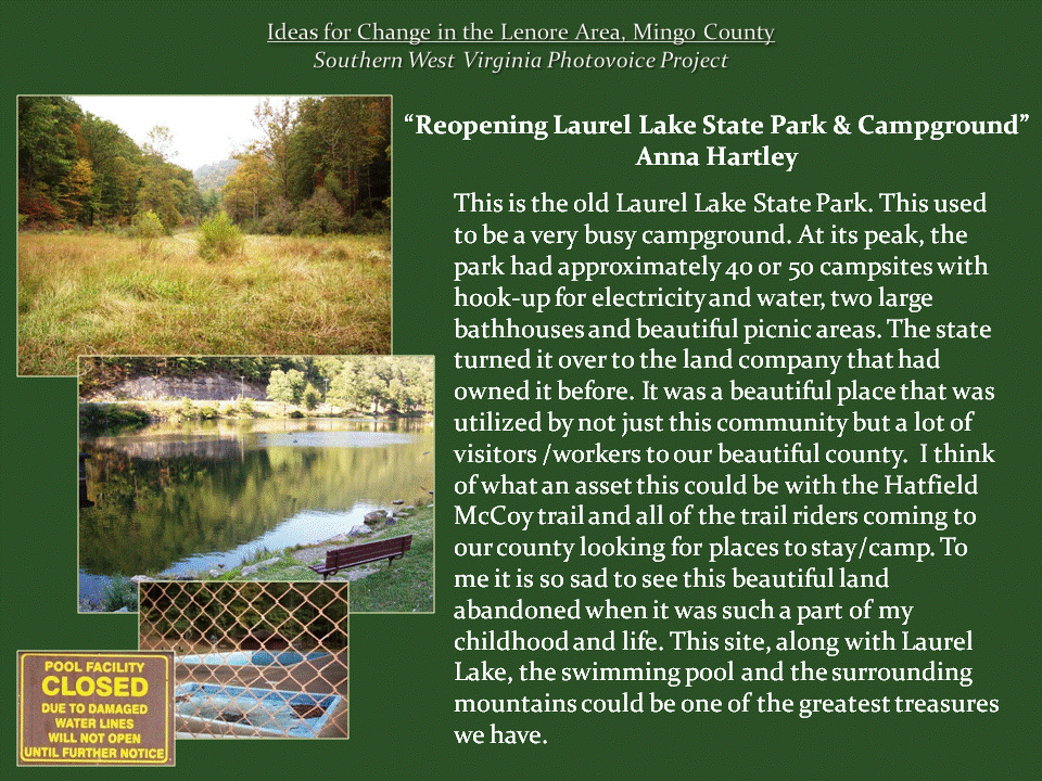 Collage of an overgrown campground, lake with bench, fenced swimming pool, and pool closure sign.