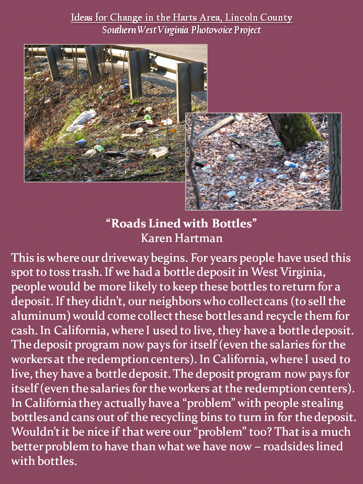 Two photographs show discarded plastic bottles, cans, and other litter scattered along a roadside guardrail and wooded slope.