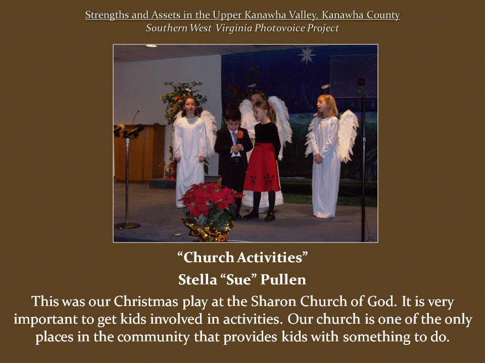 Five children perform a Christmas play on a church stage, including three dressed as angels with white robes and wings.