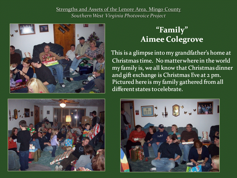 Three photographs show a large extended family gathered in a living room for a Christmas Eve celebration at the photographer's grandfather's home. Adults and children sit on couches, chairs, and the floor, surrounded by wrapped presents, holiday decorations, and food. The images capture family members of different generations visiting, exchanging gifts, and celebrating together, illustrating the importance of family connections and longstanding holiday traditions.