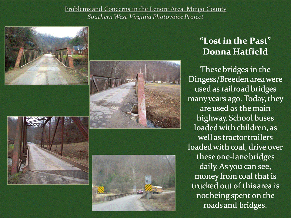 Four photographs show aging, narrow bridges formerly used by railroads, including deteriorating pavement and a school bus approaching a bridge.