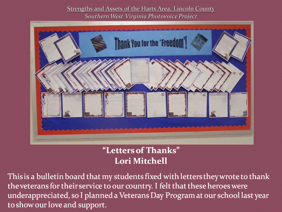 A blue bulletin board displays rows of letters beneath a banner reading "Thank You for the Freedom!"