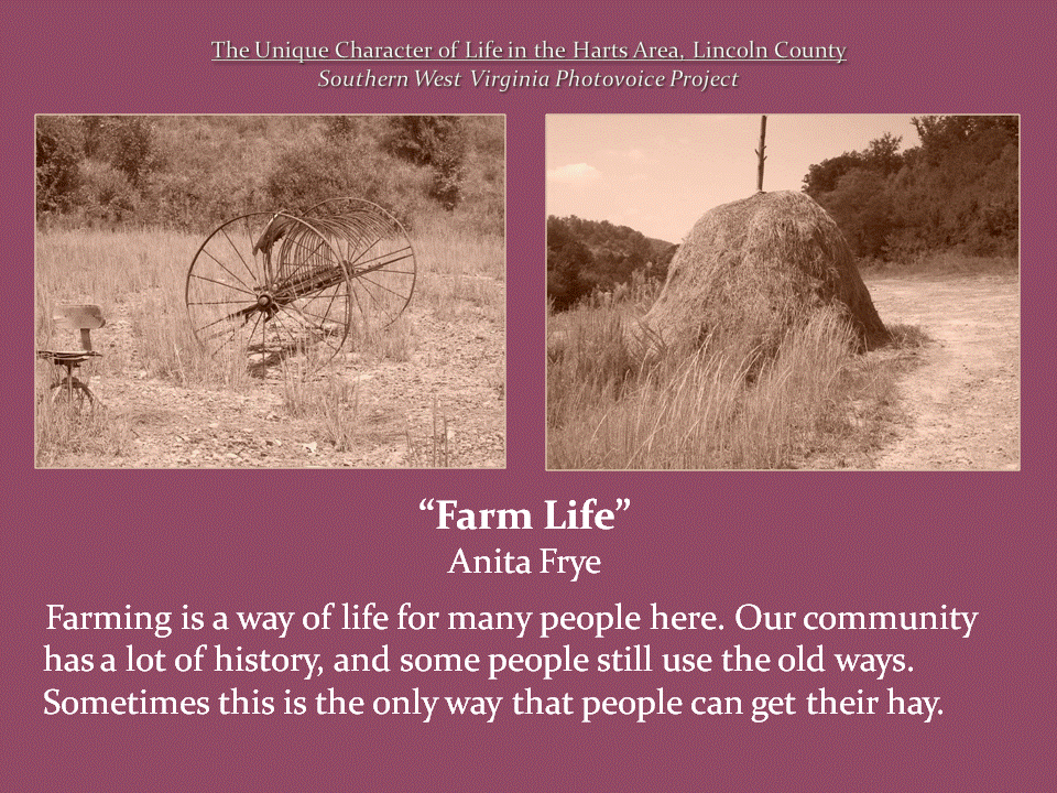 Two sepia-toned photographs show an old metal hay rake in a field and a large haystack beside a dirt path.