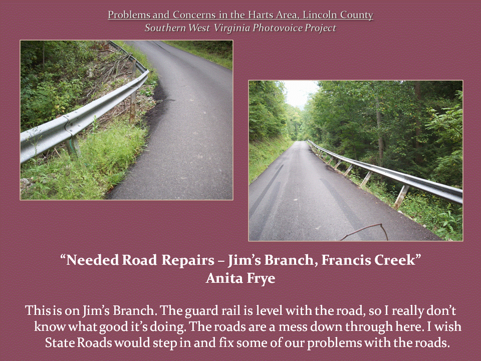 Two photographs show a narrow rural road with deteriorating edges and a damaged, poorly positioned metal guardrail.