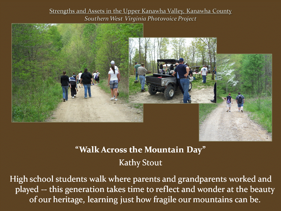 Three photographs show groups of highschoolers walking along wooded mountain trails and gathering beside an off-road utility vehicle.