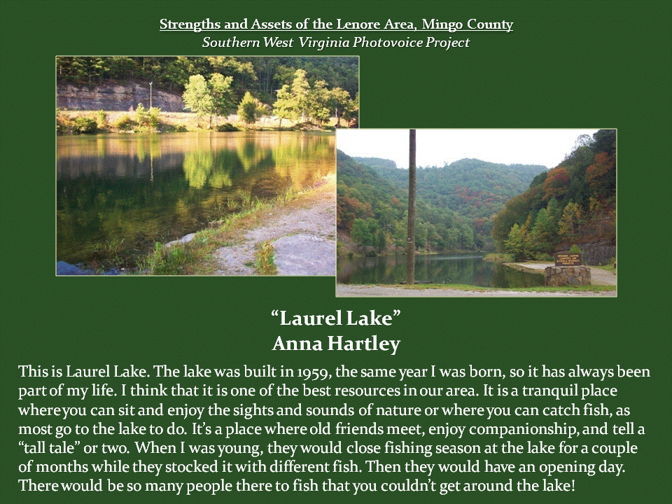 Two photographs show Laurel Lake surrounded by forested hills in Mingo County. The left image captures calm water reflecting green and yellow trees along the shoreline, while the right shows a wider view of the lake nestled between wooded mountains with early autumn foliage. The photographs highlight the lake as a peaceful natural setting valued by residents for fishing, recreation, and social gatherings.