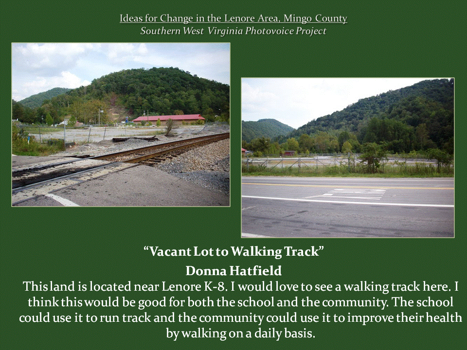 Two views of a vacant gravel lot near railroad tracks and a road crossing, surrounded by wooded hills.
