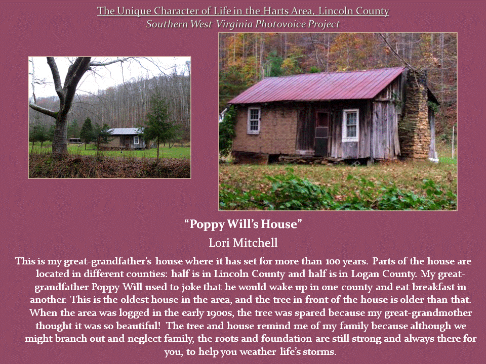 Two views of an old wooden house with a red metal roof, stone chimney, and large tree in a grassy clearing.
