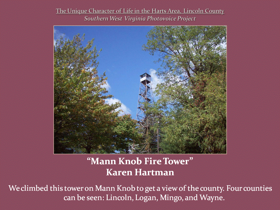A tall metal fire lookout tower rises above leafy green trees against a blue sky.