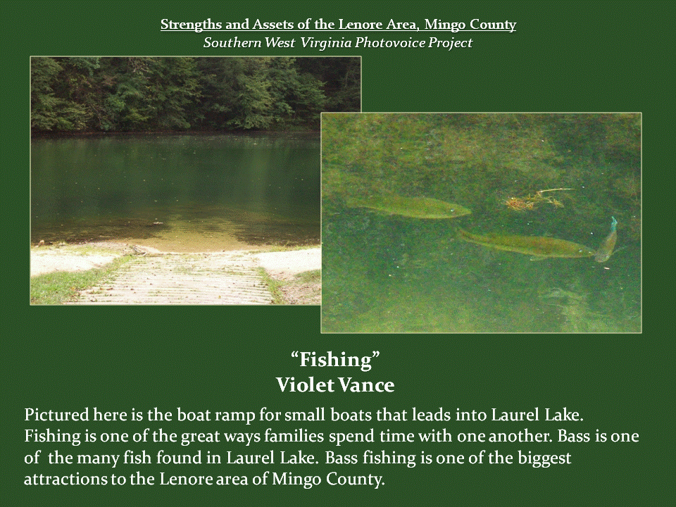 Two photographs highlight fishing opportunities at Laurel Lake. The left image shows a concrete boat ramp extending into the calm lake, surrounded by a wooded shoreline. The right image shows several large bass swimming beneath the greenish water. Together, the photographs illustrate Laurel Lake's importance as a destination for fishing, boating, and family recreation in the Lenore area.