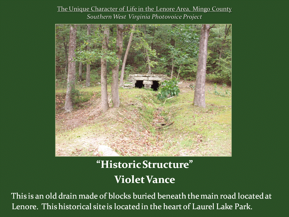 An old stone drainage culvert with two dark openings stands among trees and vegetation in a wooded area of Laurel Lake Park. A shallow, leaf-covered drainage channel leads toward the structure, which was built beneath the former main road in Lenore.