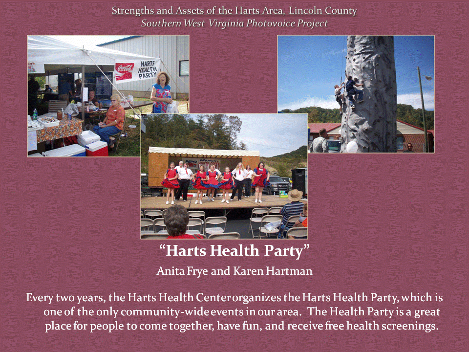 Three photos of a community health event show women at a health booth, performers dancing onstage, and children climbing a rock wall.
