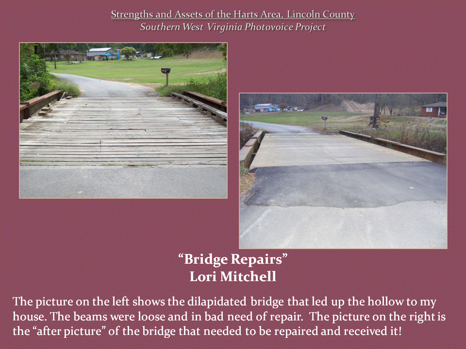 Two views of a rural bridge, showing weathered wooden planks before repairs and new wooden decking and railings afterward.