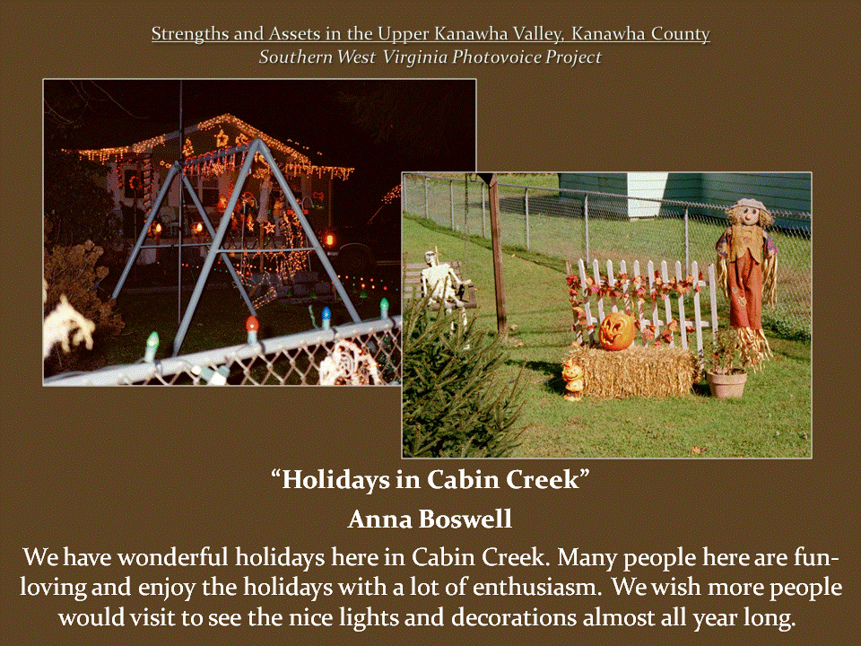 Two holiday displays show a house covered in Christmas lights and a yard decorated with pumpkins, hay bales, and a scarecrow.