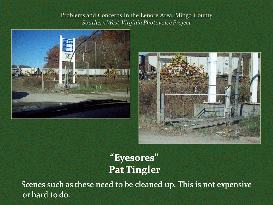 Two photographs show an overgrown roadside property with a damaged fence, abandoned sign structure, and parked trailers in the background.