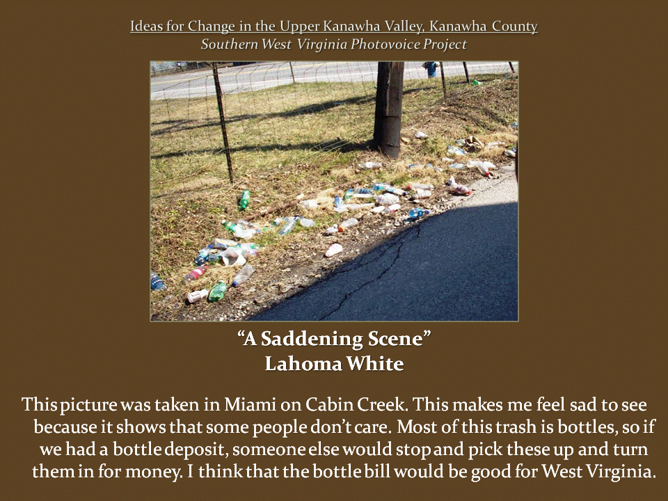 Two views of a littered roadside show discarded bottles, cans, and other trash scattered near a wooded creek and bridge.