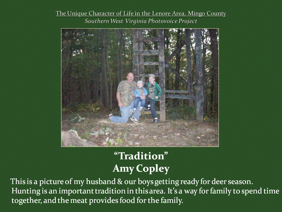 A man kneels beside two young boys in camouflage and outdoor clothing at the base of a wooden hunting stand in a forest, illustrating deer hunting as a family tradition in the Lenore area.