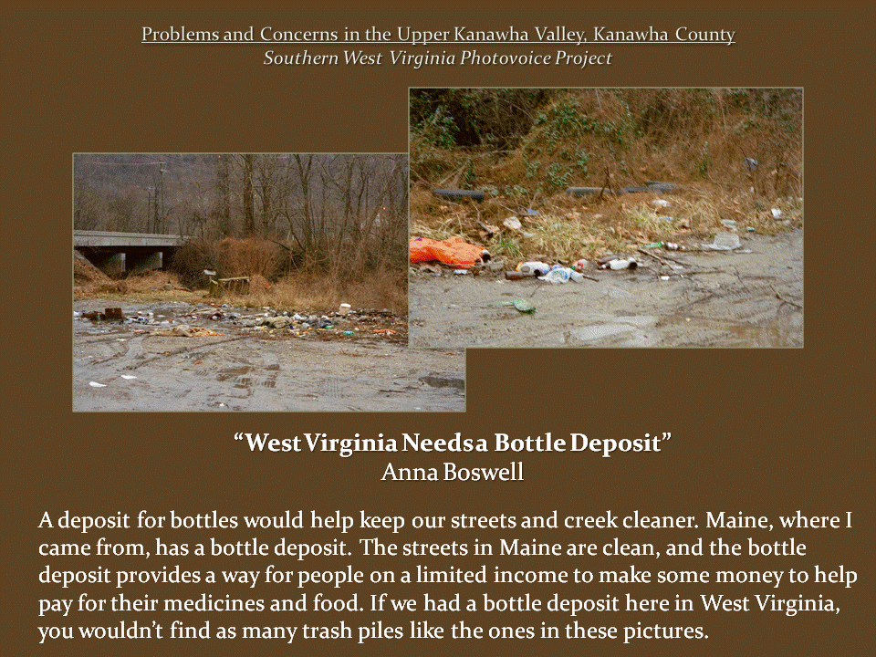 Two views of a littered roadside show discarded bottles, cans, and other trash scattered near a wooded creek and bridge.