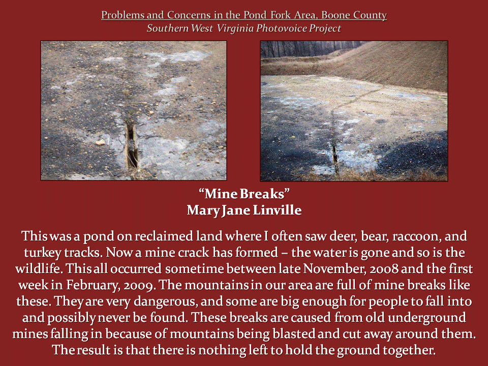 Two photographs show a deep ground crack and a drained pond bed on reclaimed mine land, surrounded by bare earth and grass.