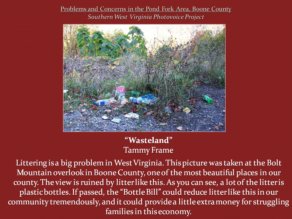 Plastic bottles, wrappers, and other litter are scattered across a gravelly, overgrown area at Bolt Mountain overlook.
