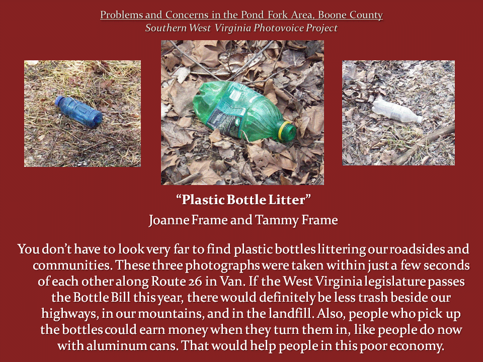 Three photographs show discarded blue, green, and clear plastic bottles among grass, fallen leaves, and roadside debris.
