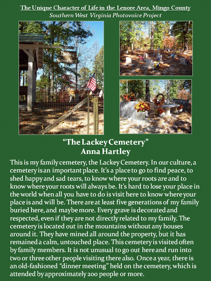 Three photographs show a secluded family cemetery in the mountains, including its wooden entrance sign, an American flag, and graves decorated with colorful flowers and wreaths. The images highlight the cemetery's importance as a place of family heritage, remembrance, and community tradition.